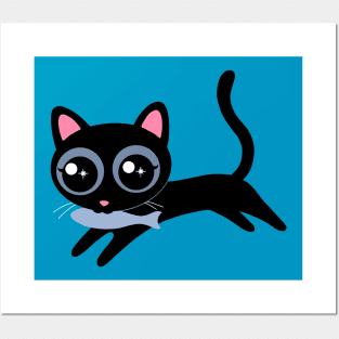 Cute Kitty Cat with Fish Posters and Art